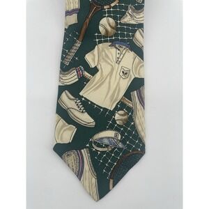 Huntington Necktie Mens OS Green Tennis Racket Polo Novelty Print 100% Silk USA